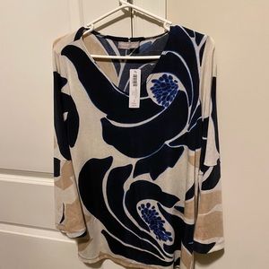 Chicos pullover tunic, size 1 equal to a medium. Blue/beige with bell sleeves.